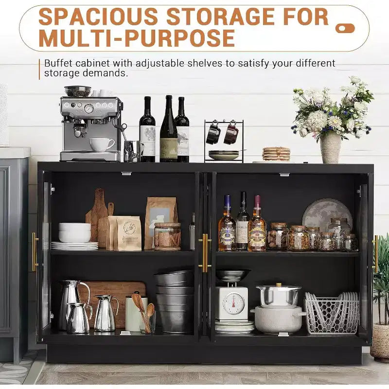 Mobile Buffet con Credenza, Mobile Grande in Legno da 140 cm con 4 Ante in Vetro Scanalato, Credenze Moderne Nere per Soggiorno, Ingresso, Cucina
