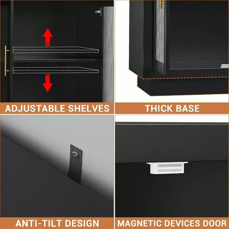 Mobile Buffet con Credenza, Mobile Grande in Legno da 140 cm con 4 Ante in Vetro Scanalato, Credenze Moderne Nere per Soggiorno, Ingresso, Cucina