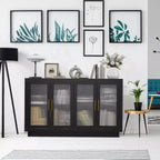 Mobile Buffet con Credenza, Mobile Grande in Legno da 140 cm con 4 Ante in Vetro Scanalato, Credenze Moderne Nere per Soggiorno, Ingresso, Cucina