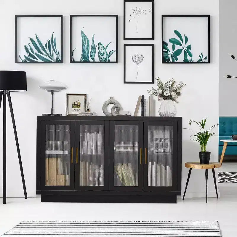 Mobile Buffet con Credenza, Mobile Grande in Legno da 140 cm con 4 Ante in Vetro Scanalato, Credenze Moderne Nere per Soggiorno, Ingresso, Cucina