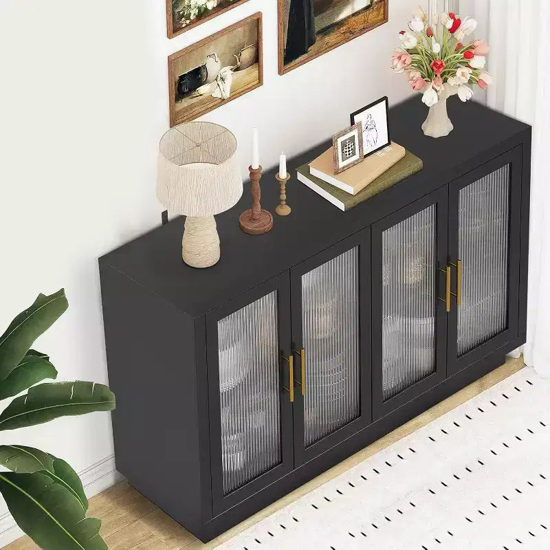 Mobile Buffet con Credenza, Mobile Grande in Legno da 140 cm con 4 Ante in Vetro Scanalato, Credenze Moderne Nere per Soggiorno, Ingresso, Cucina