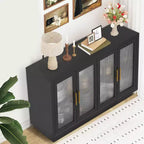 Mobile Buffet con Credenza, Mobile Grande in Legno da 140 cm con 4 Ante in Vetro Scanalato, Credenze Moderne Nere per Soggiorno, Ingresso, Cucina