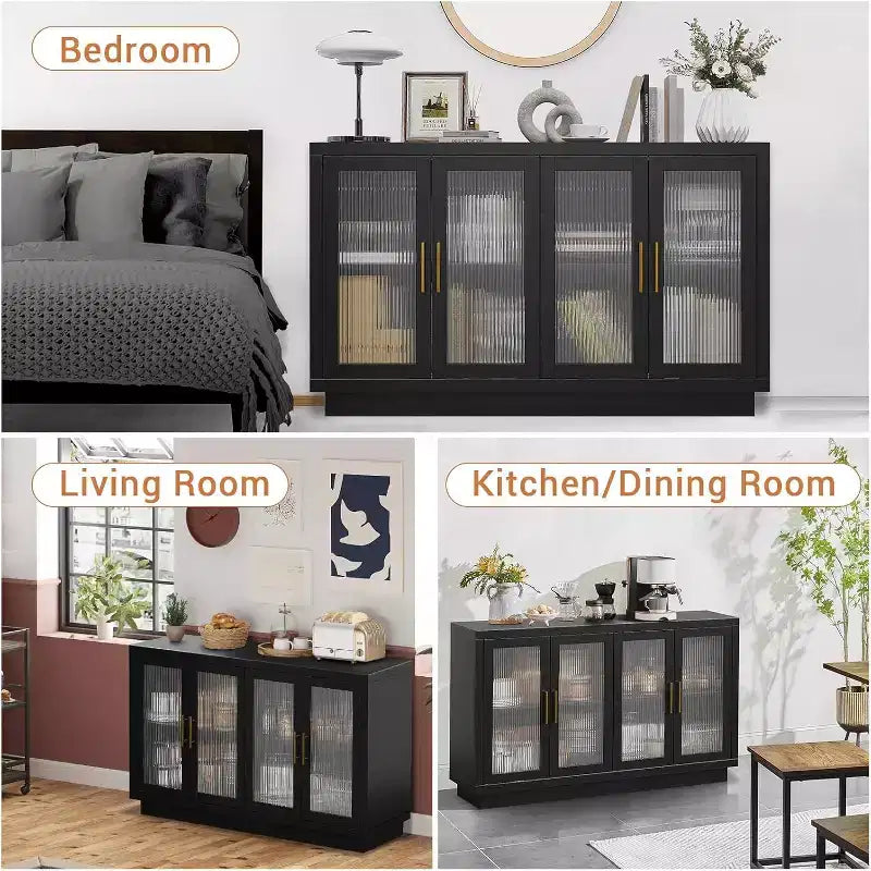 Mobile Buffet con Credenza, Mobile Grande in Legno da 140 cm con 4 Ante in Vetro Scanalato, Credenze Moderne Nere per Soggiorno, Ingresso, Cucina
