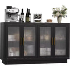Mobile Buffet con Credenza, Mobile Grande in Legno da 140 cm con 4 Ante in Vetro Scanalato, Credenze Moderne Nere per Soggiorno, Ingresso, Cucina