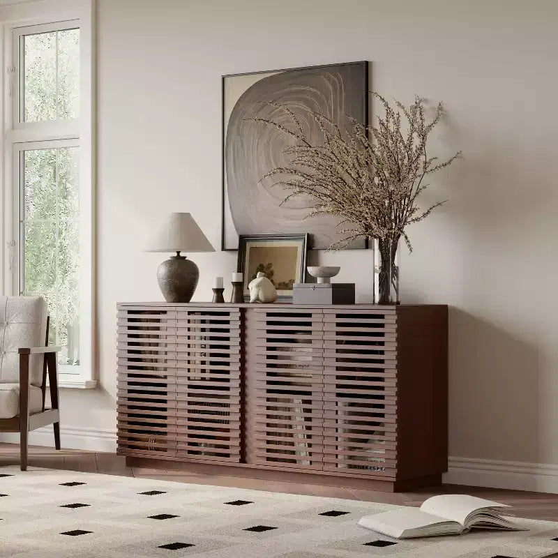 4 Door Buffet Cabinet,60 Accent Storage Cabinet with Grille Striped Doors and Adjustable Shelf, Freestanding Modern Sideboard Buffet Cabinet