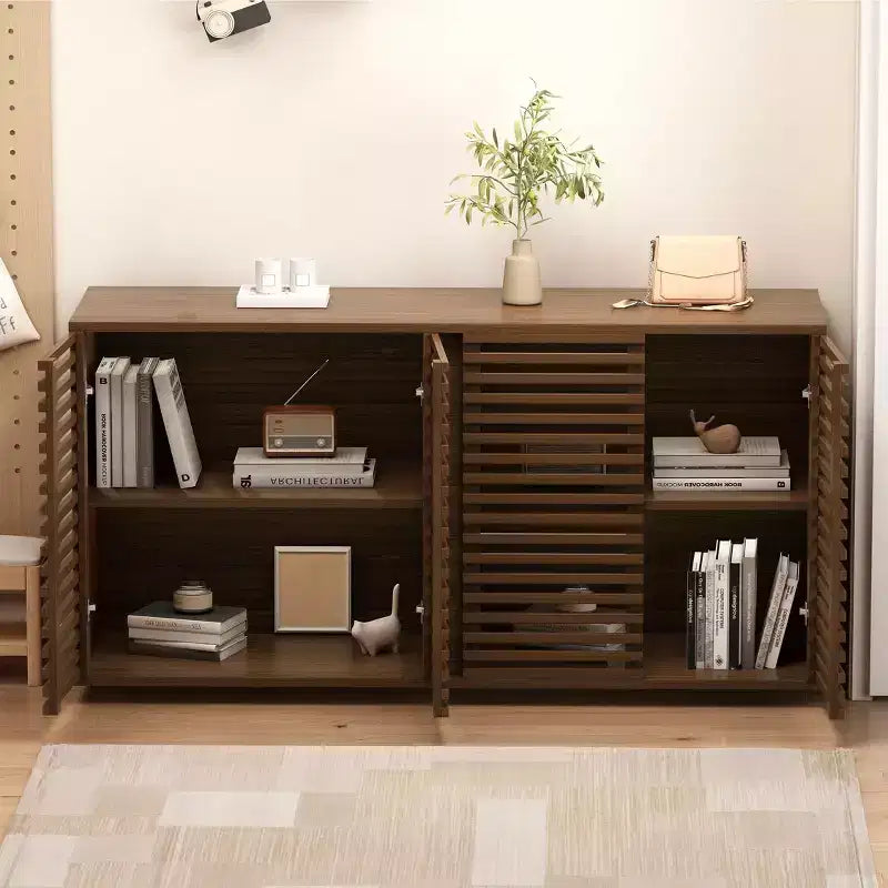 Credenza a 4 ante, mobile contenitore da 60 pollici con ante a griglia a strisce e ripiano regolabile, credenza moderna autoportante