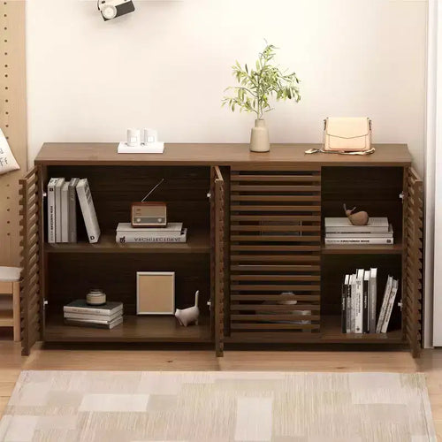 Buffet 4 portes, armoire de rangement de 60" avec portes à rayures grillagées et étagère réglable, buffet autoportant de style moderne
