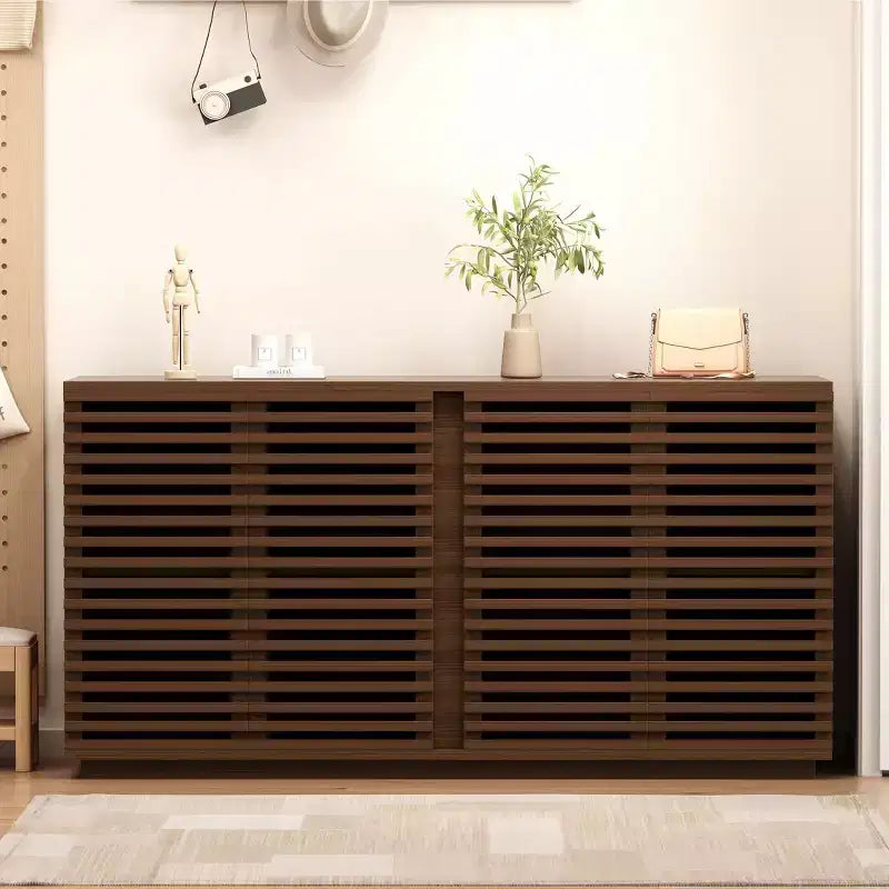 Credenza a 4 ante, mobile contenitore da 60 pollici con ante a griglia a strisce e ripiano regolabile, credenza moderna autoportante
