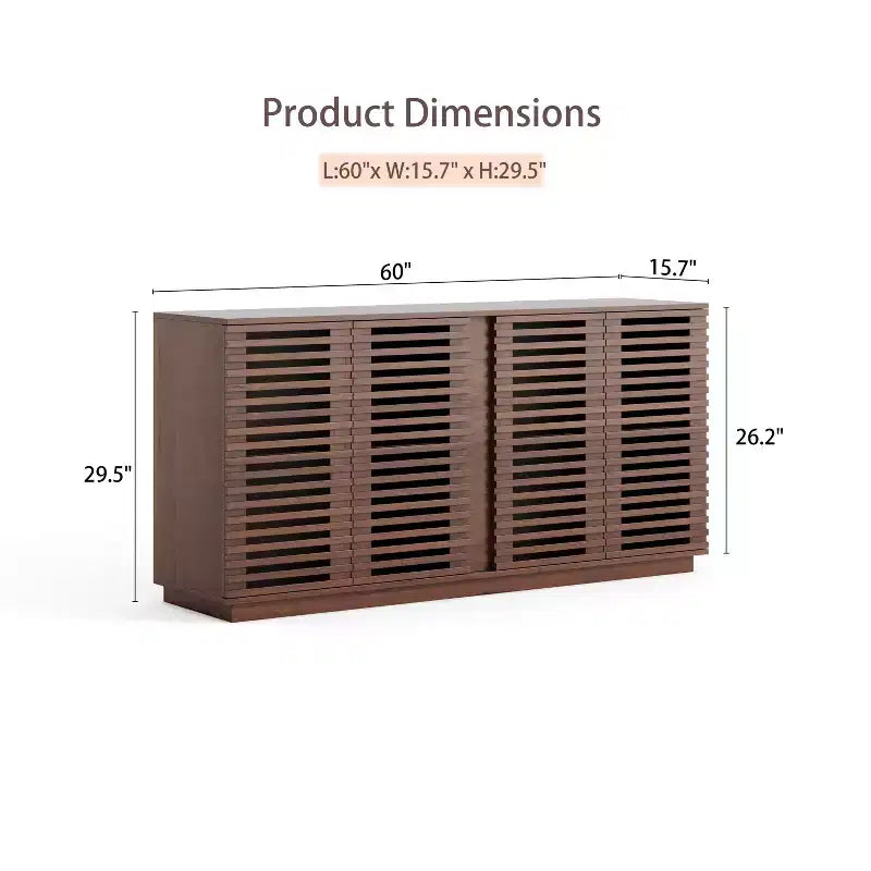 Credenza a 4 ante, mobile contenitore da 60 pollici con ante a griglia a strisce e ripiano regolabile, credenza moderna autoportante