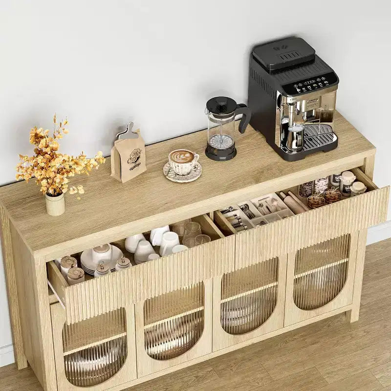55 Large Sideboard Buffet Cabinet with Storage and 2 Fluted Drawer Front,Buffet Table Coffee Bar Storage Cabinet for Dining Room,Living Room,Kitchen