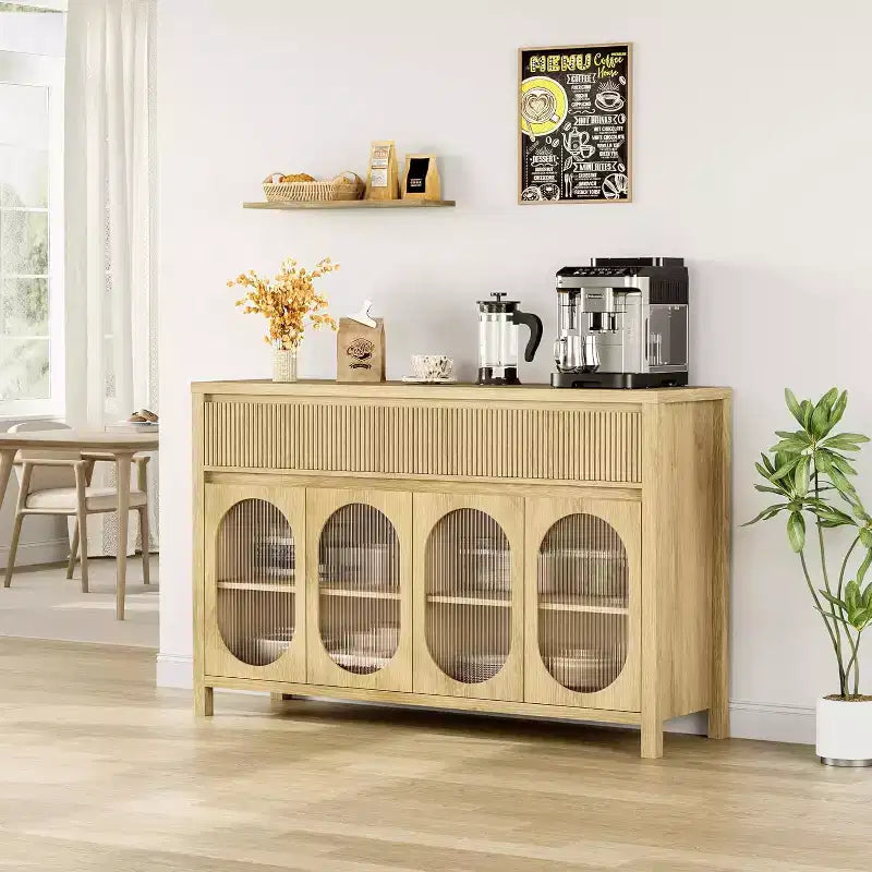 Grand buffet bahut de 55" avec rangements et 2 tiroirs cannelés, meuble de rangement pour bar à café, pour salle à manger, salon, cuisine