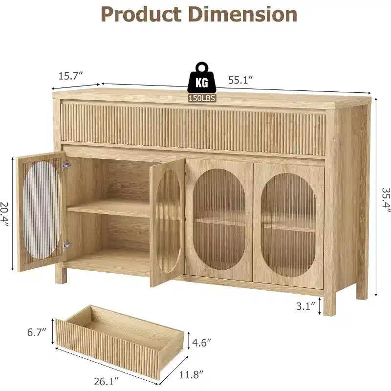 Grand buffet bahut de 55" avec rangements et 2 tiroirs cannelés, meuble de rangement pour bar à café, pour salle à manger, salon, cuisine