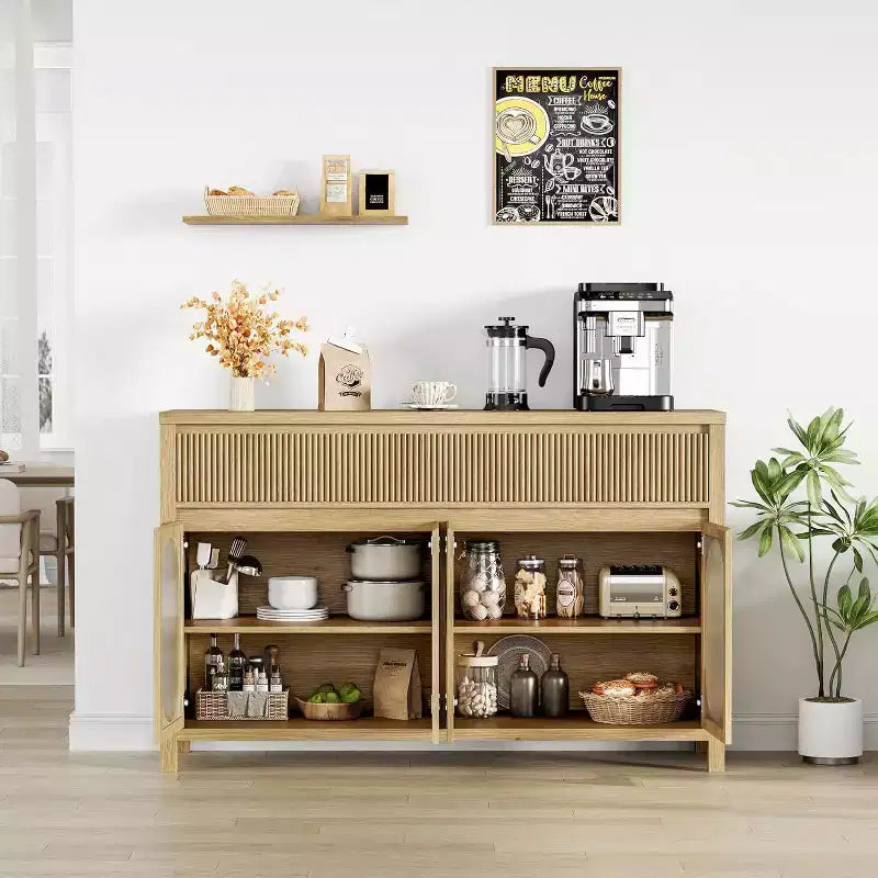 Grand buffet bahut de 55" avec rangements et 2 tiroirs cannelés, meuble de rangement pour bar à café, pour salle à manger, salon, cuisine
