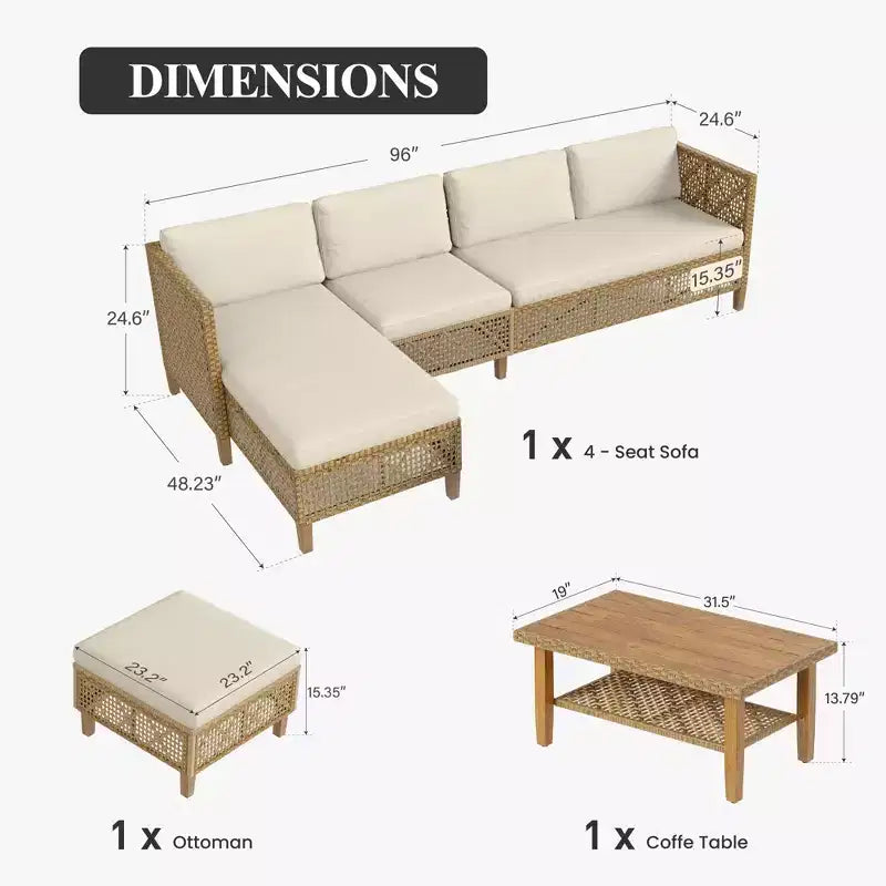 Captiva Designs Set Divano Sezionale in Rattan Vimini per Patio, con Pouf e Cuscini