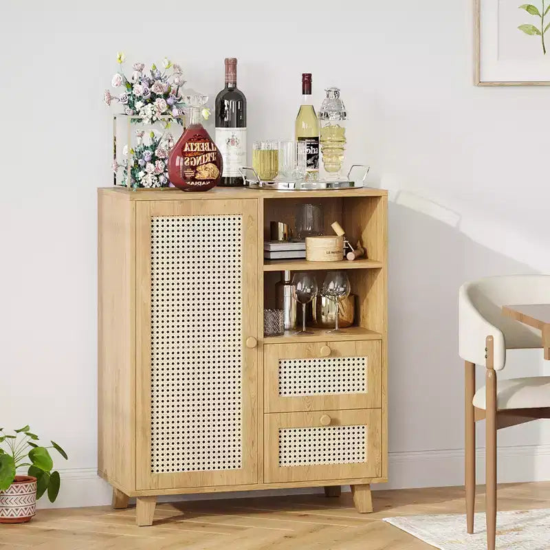 Credenza in rattan da 15 pollici JVNOXK con ripiani regolabili e cassetti a scorrimento fluido, adatta per soggiorni e cucine, colore naturale