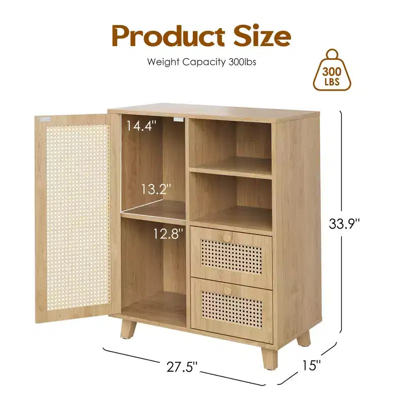 Credenza in rattan da 15 pollici JVNOXK con ripiani regolabili e cassetti a scorrimento fluido, adatta per soggiorni e cucine, colore naturale