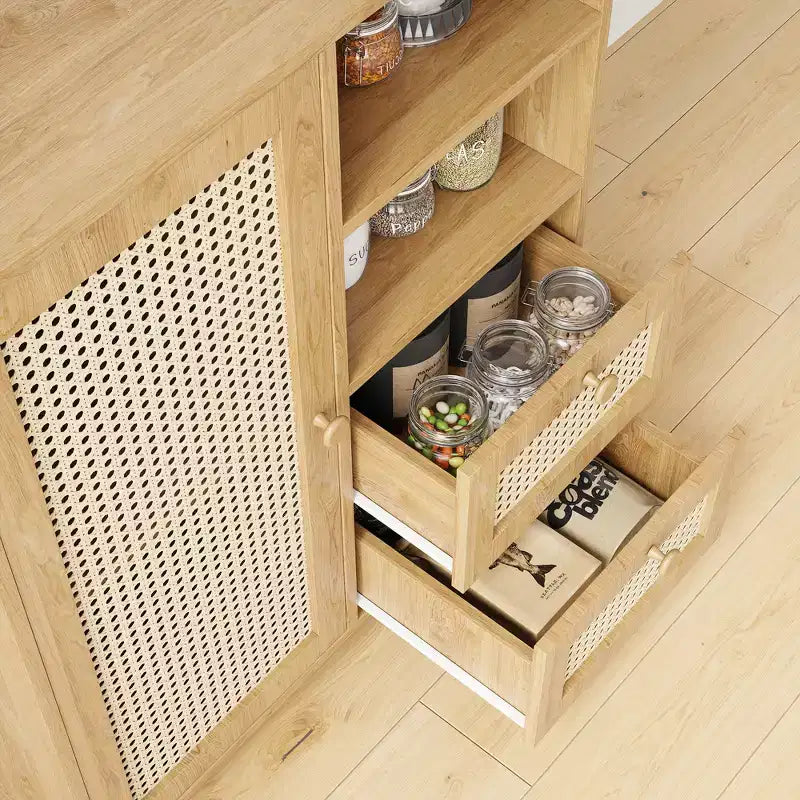 Credenza in rattan da 15 pollici JVNOXK con ripiani regolabili e cassetti a scorrimento fluido, adatta per soggiorni e cucine, colore naturale