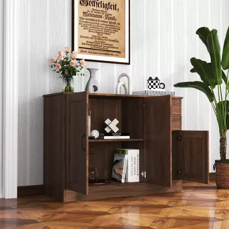 Mobile Credenza Moderno sumyeg in Legno con 2 Ante, 2 Cassetti e Vano a Giorno, Consolle da 110 cm