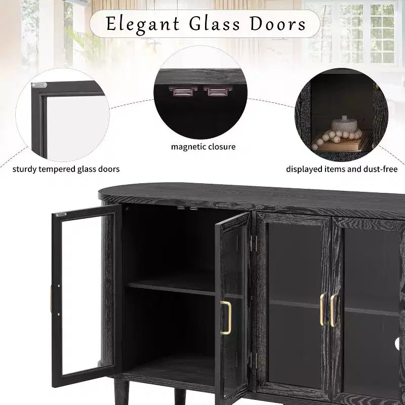 JVNOXK Credenza per sala da pranzo in stile rustico da 60 pollici con ante in vetro e ripiani regolabili, mobile buffet in legno per cucina, colore nero