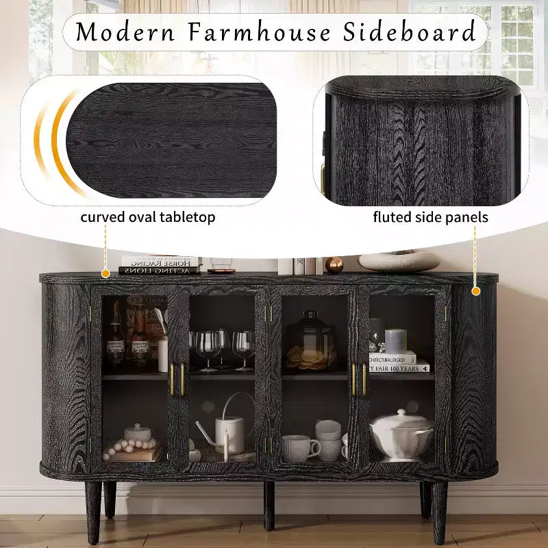 JVNOXK Credenza per sala da pranzo in stile rustico da 60 pollici con ante in vetro e ripiani regolabili, mobile buffet in legno per cucina, colore nero