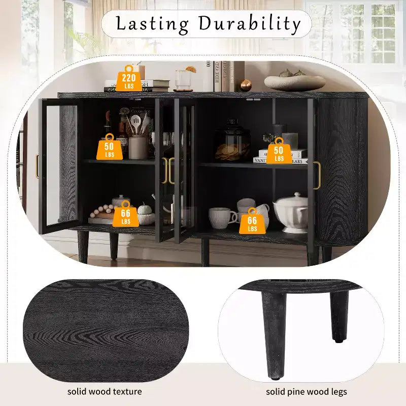 JVNOXK Credenza per sala da pranzo in stile rustico da 60 pollici con ante in vetro e ripiani regolabili, mobile buffet in legno per cucina, colore nero