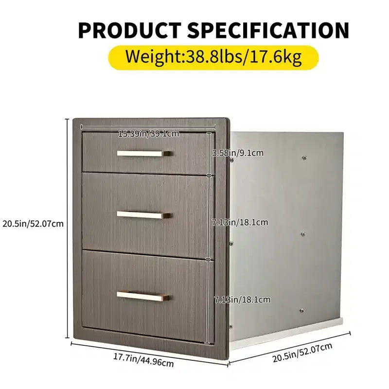 Tiroirs de cuisine extérieure, triple tiroir encastré en acier inoxydable 17 L x 20 H x 20 P avec poignée, tiroirs pour îlot de cuisine de barbecue
