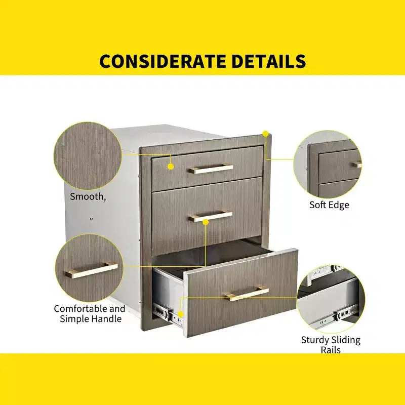 Tiroirs de cuisine extérieure, triple tiroir encastré en acier inoxydable 17 L x 20 H x 20 P avec poignée, tiroirs pour îlot de cuisine de barbecue