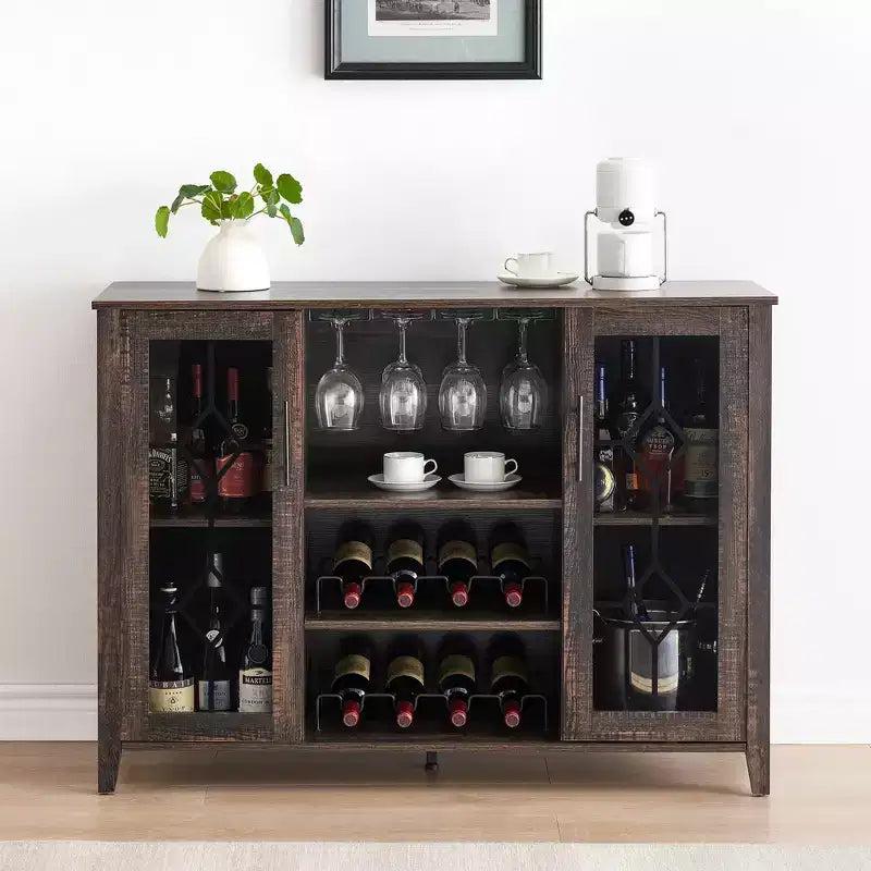 Meuble de bar en bois de 47'' avec portes en verre - Cave à vin avec étagères réglables
