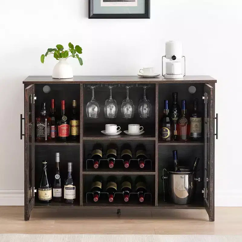 Meuble de bar en bois de 47'' avec portes en verre - Cave à vin avec étagères réglables