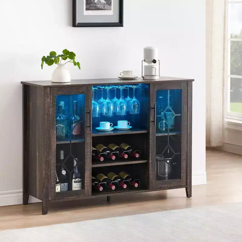 Meuble de bar en bois de 47'' avec portes en verre - Cave à vin avec étagères réglables