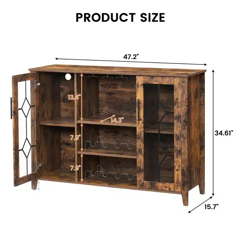 Meuble de bar en bois de 47'' avec portes en verre - Cave à vin avec étagères réglables