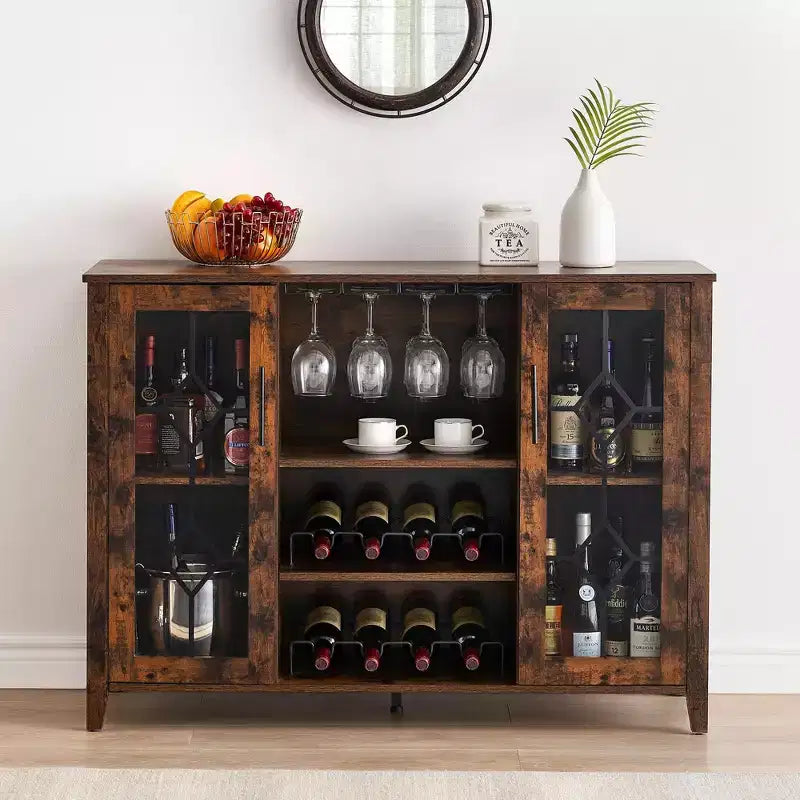 Meuble de bar en bois de 47'' avec portes en verre - Cave à vin avec étagères réglables