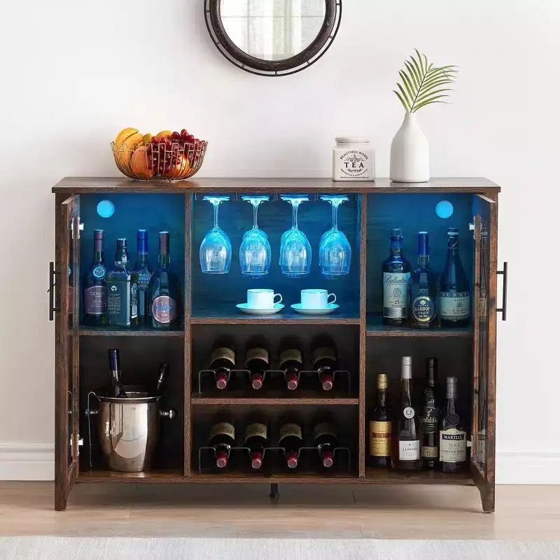 Meuble de bar en bois de 47'' avec portes en verre - Cave à vin avec étagères réglables