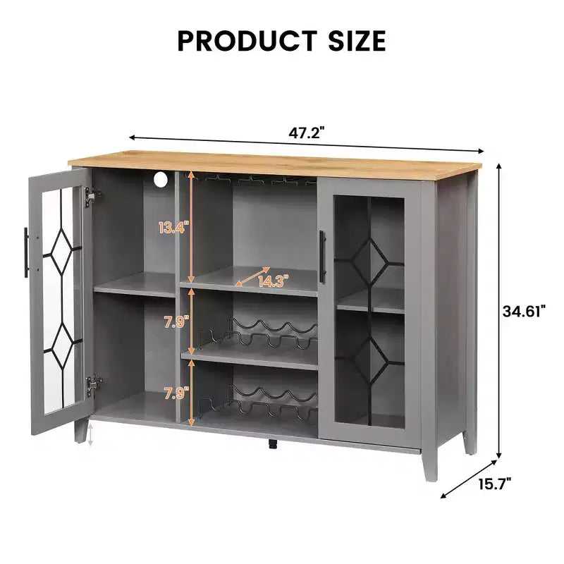 Meuble de bar en bois de 47'' avec portes en verre - Cave à vin avec étagères réglables