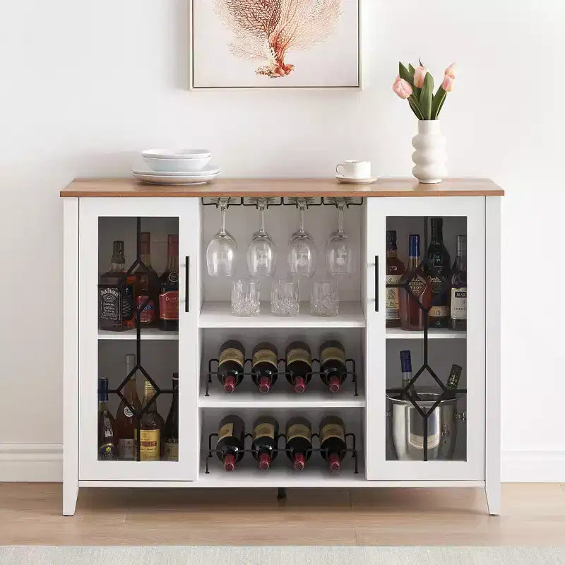 Meuble de bar en bois de 47'' avec portes en verre - Cave à vin avec étagères réglables