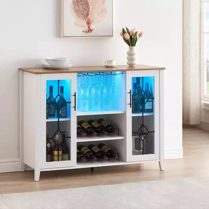 Meuble de bar en bois de 47'' avec portes en verre - Cave à vin avec étagères réglables