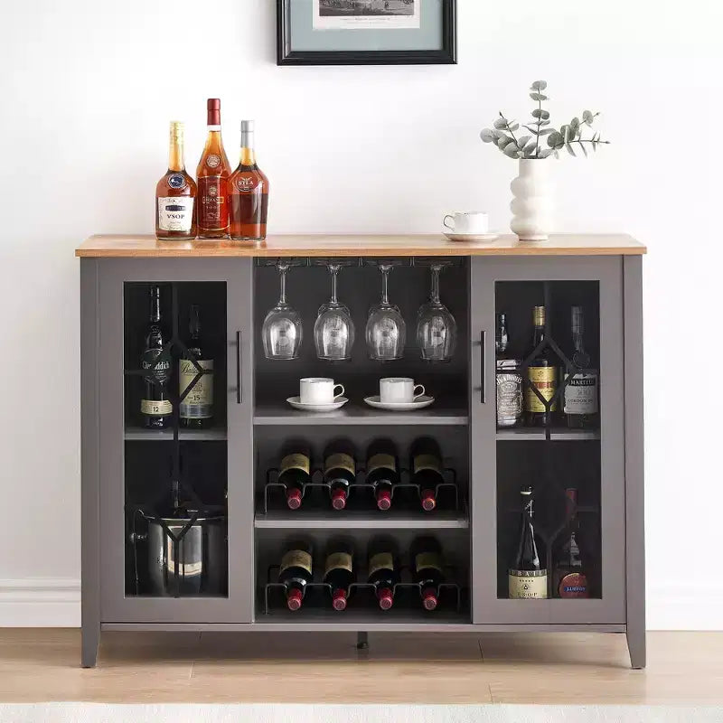 Meuble de bar en bois de 47'' avec portes en verre - Cave à vin avec étagères réglables