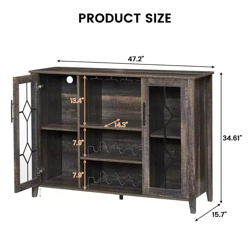 Meuble de bar en bois de 47'' avec portes en verre - Cave à vin avec étagères réglables