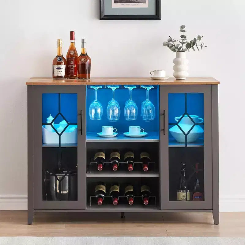 47'' Wooden Bar Cabinet with Glass Doors - Wine Storage Station with Adjustable Shelves