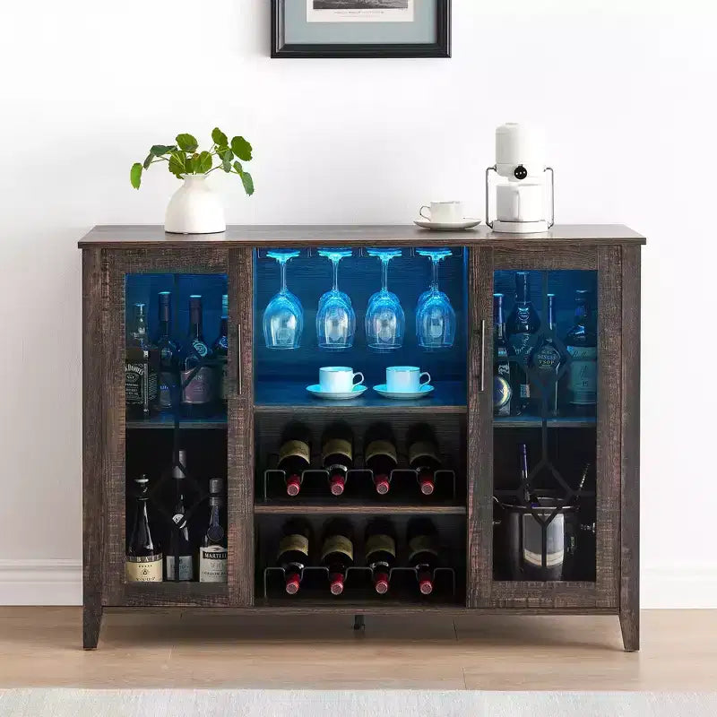 Mobile bar in legno da 47" con ante in vetro - Cantinetta con ripiani regolabili