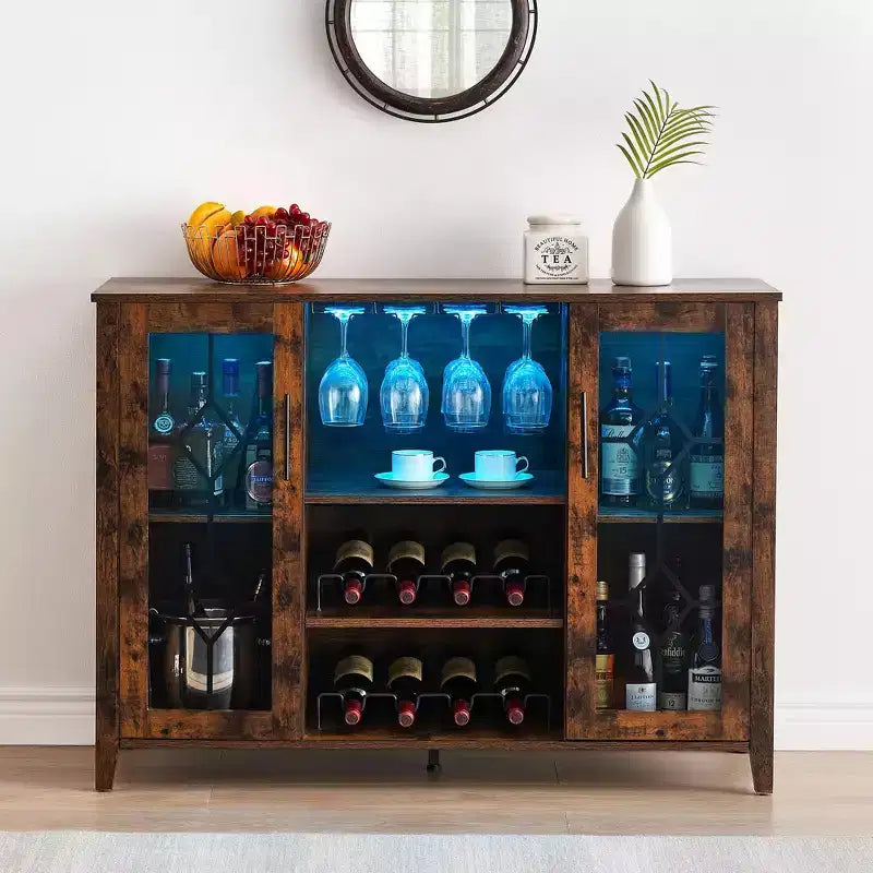 Mobile bar in legno da 47" con ante in vetro - Cantinetta con ripiani regolabili