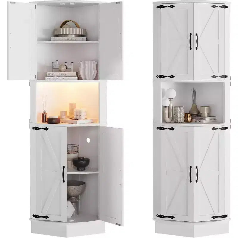 Armoire d'angle de ferme de 65 po, meuble de rangement avec porte de grange, 5 étagères, organisateur d'espace pour salon, bar, cuisine, salle de bain