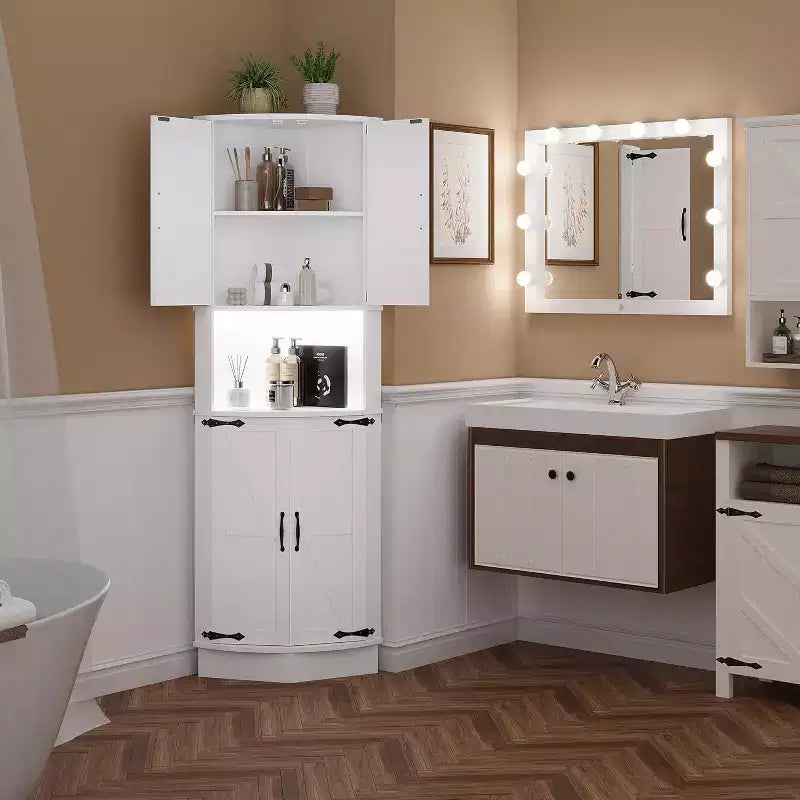 Armoire d'angle de ferme de 65 po, meuble de rangement avec porte de grange, 5 étagères, organisateur d'espace pour salon, bar, cuisine, salle de bain
