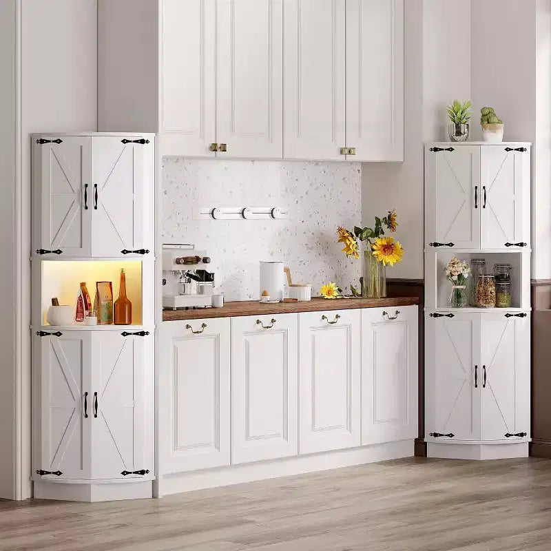 Armoire d'angle de ferme de 65 po, meuble de rangement avec porte de grange, 5 étagères, organisateur d'espace pour salon, bar, cuisine, salle de bain