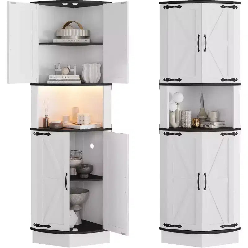 Armoire d'angle de ferme de 65 po, meuble de rangement avec porte de grange, 5 étagères, organisateur d'espace pour salon, bar, cuisine, salle de bain