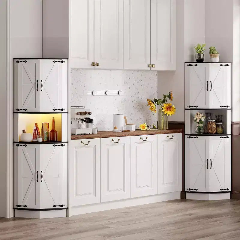 Armoire d'angle de ferme de 65 po, meuble de rangement avec porte de grange, 5 étagères, organisateur d'espace pour salon, bar, cuisine, salle de bain