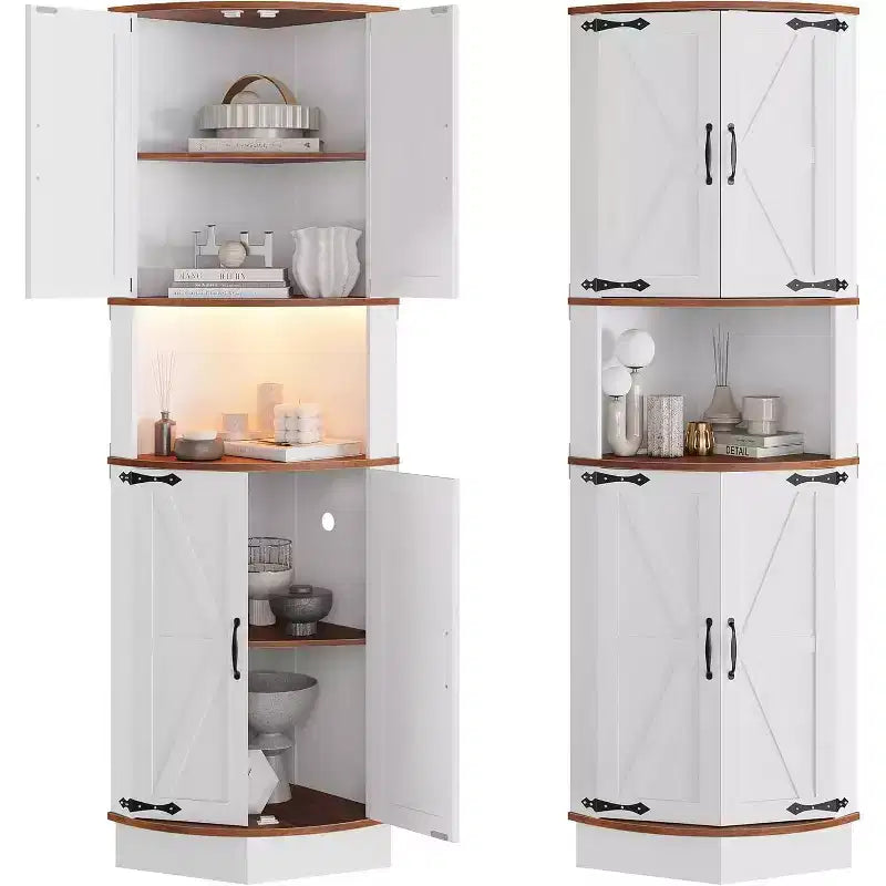 Armoire d'angle de ferme de 65 po, meuble de rangement avec porte de grange, 5 étagères, organisateur d'espace pour salon, bar, cuisine, salle de bain