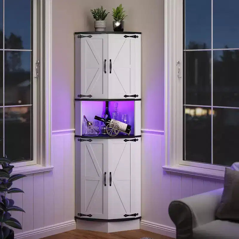 65 Tall Farmhouse Corner Cabinet, Display Storage Cabinet with Barn Door, 5 Tier Shelves, Space Organizer for Living Room, Bar, Kitchen, Bathroom