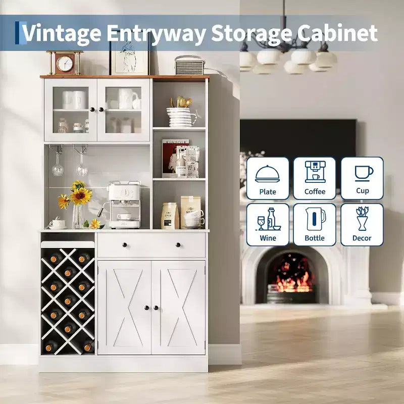 Mobile bar da caffè con raffinate ante scorrevoli in stile fienile, credenza buffet con portabottiglie, mobile contenitore per cucina, sala da pranzo