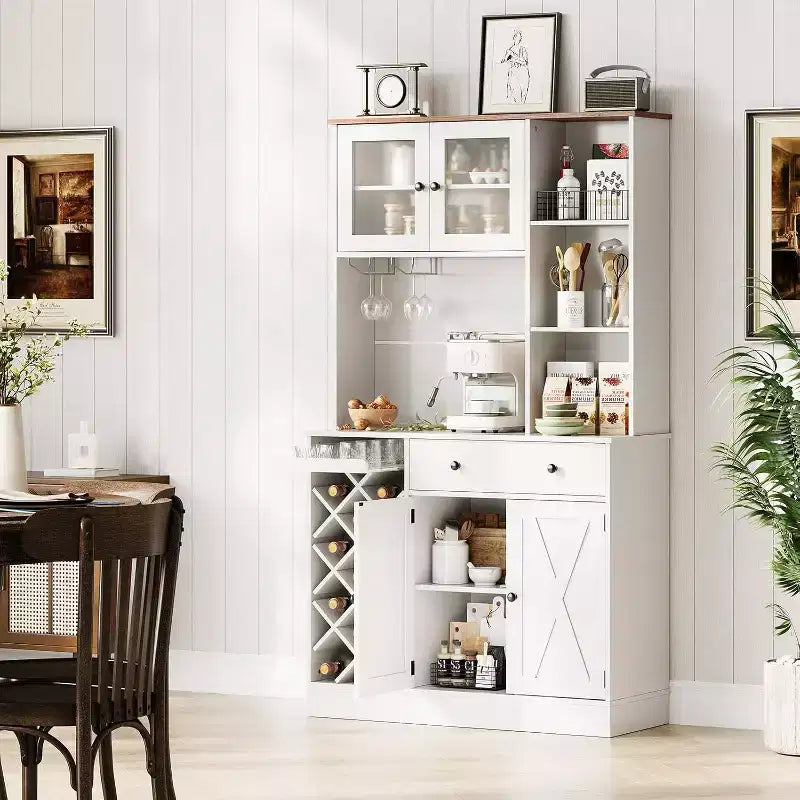 Mobile bar da caffè con raffinate ante scorrevoli in stile fienile, credenza buffet con portabottiglie, mobile contenitore per cucina, sala da pranzo